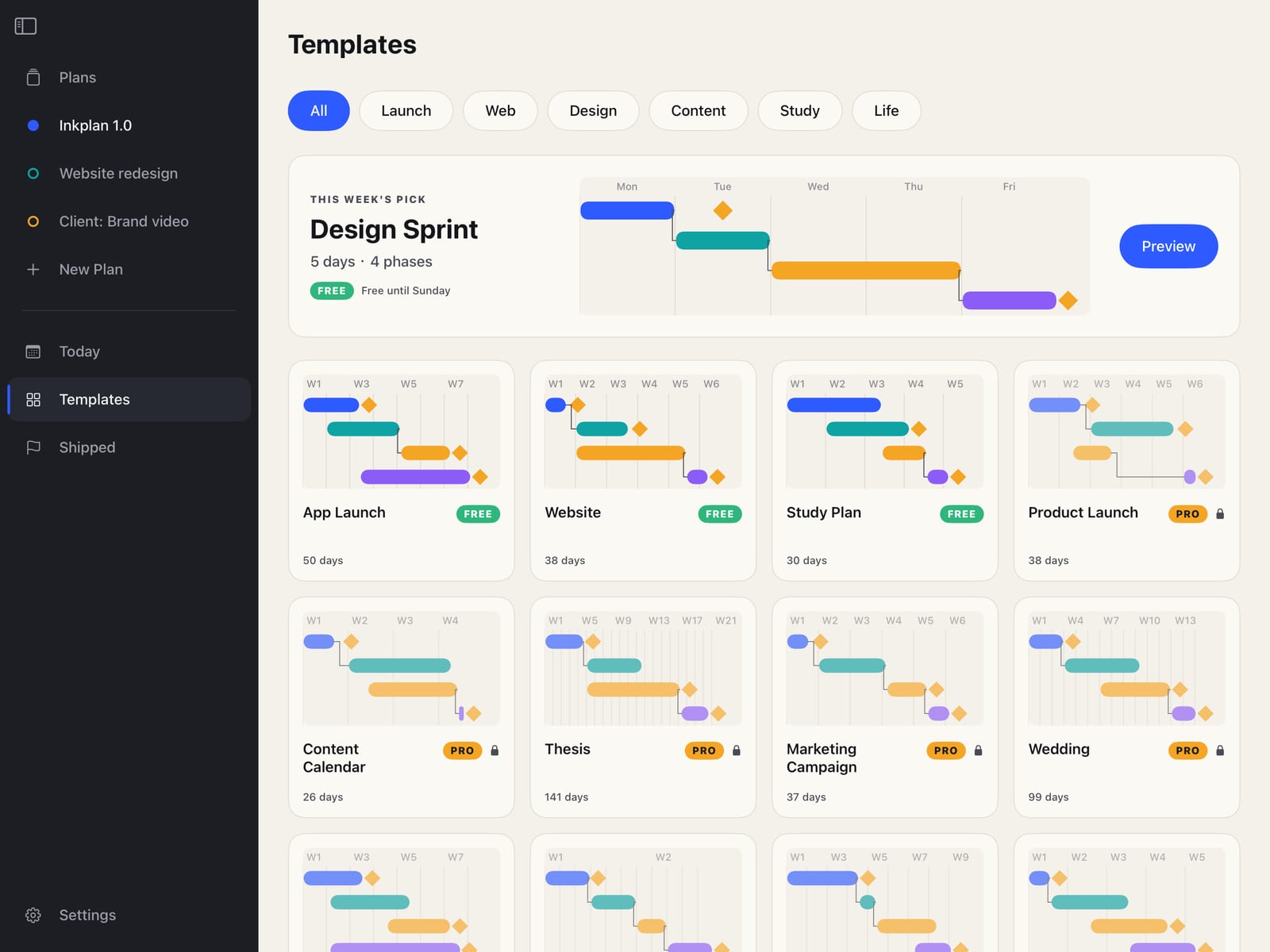 Template library: this week’s pick, Design Sprint, above template cards marked FREE or PRO